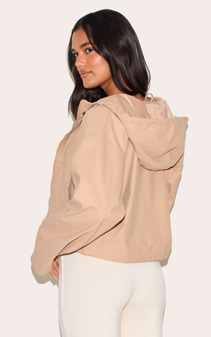 Beige Pu Faux Leather Cropped Hooded Jacket