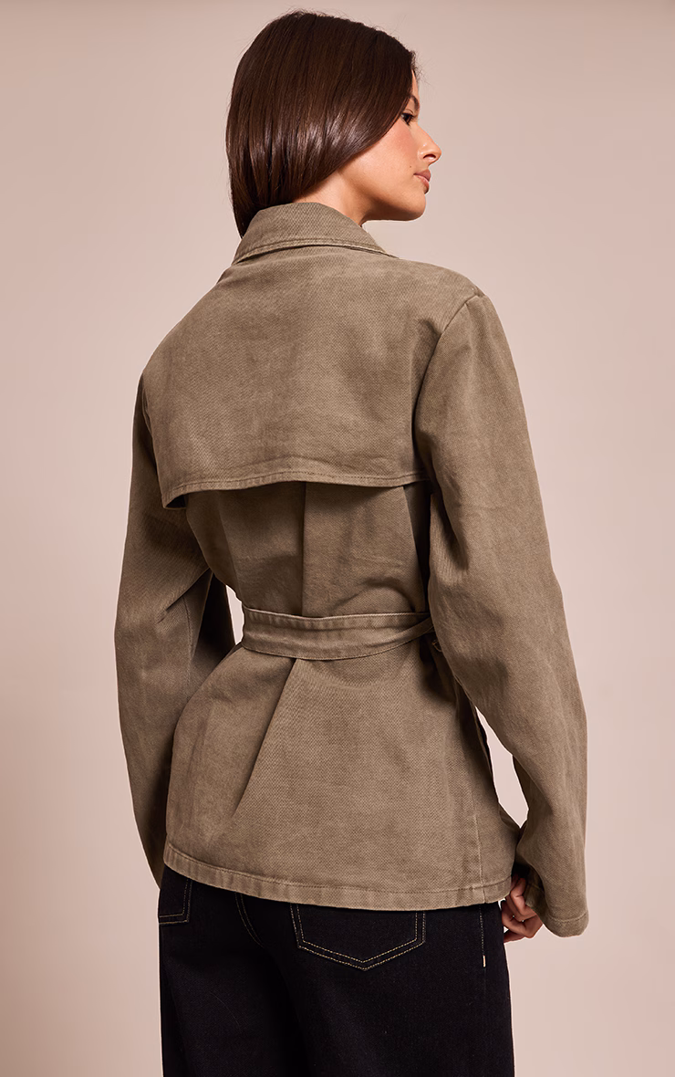 Olive Belted Cropped Denim Trench