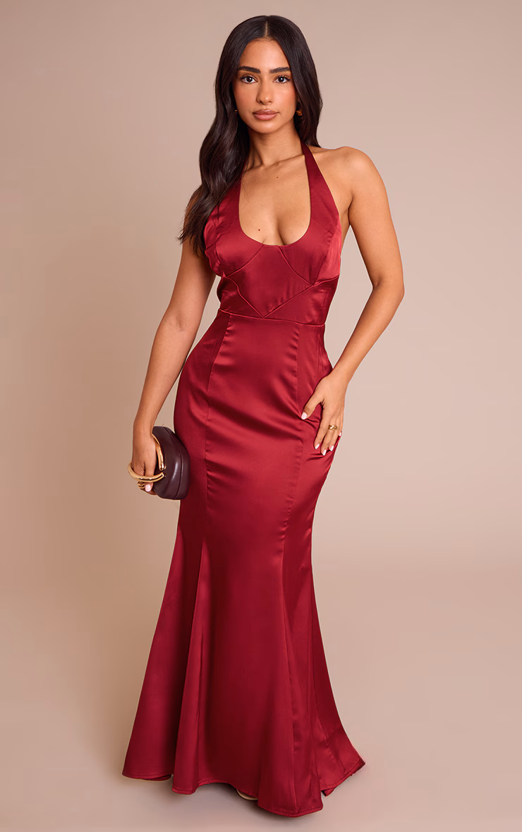 Petite Wine Seam Detail Halterneck Satin Maxi Dress