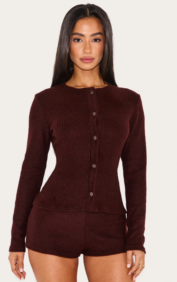 Petite Chocolate Brushed Rib Button Through Top