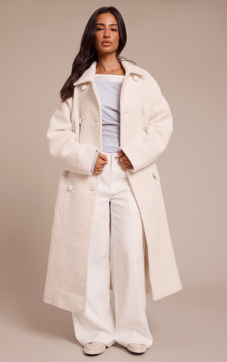 Petite Ecru Boucle Double Breasted Maxi Coat