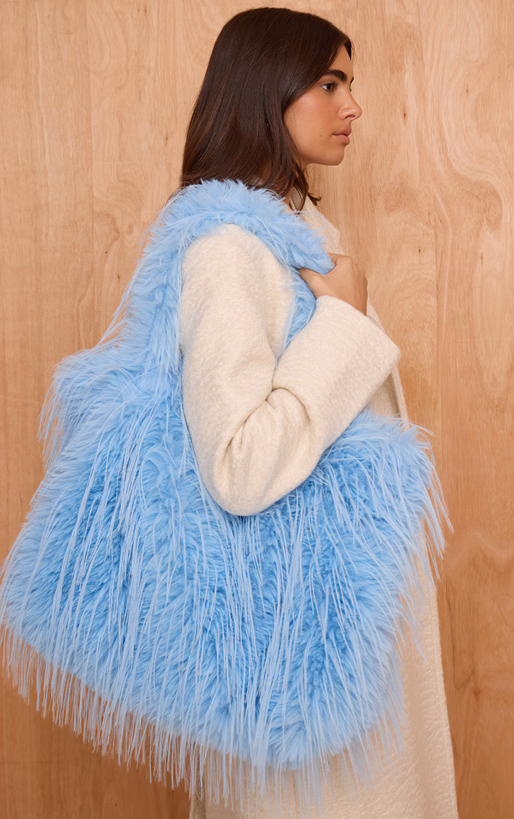 Baby Blue Shaggy Faux Fur Shaggy Tote Bag