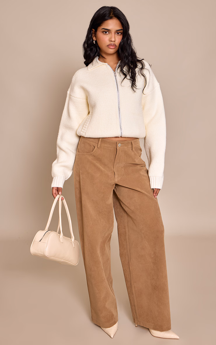 Petite Cream Knitted Zip Up Bomber Jacket