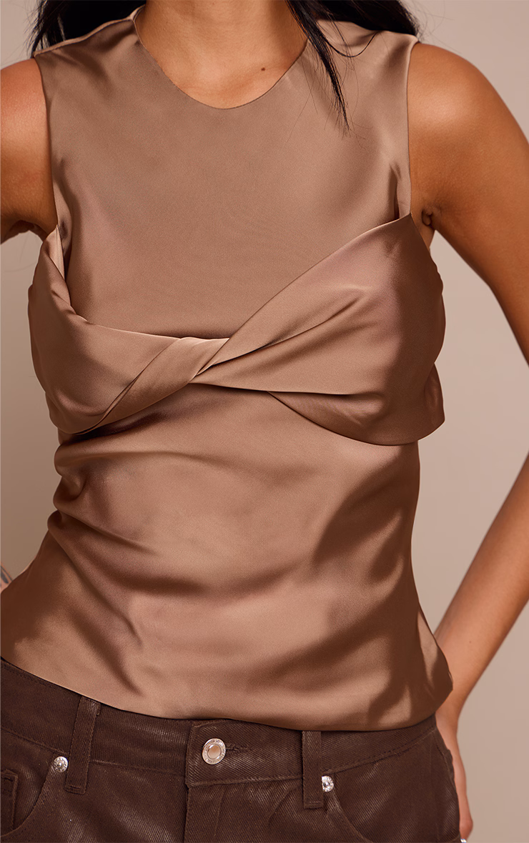 Mocha Satin Overlay Twist Detail Long Top