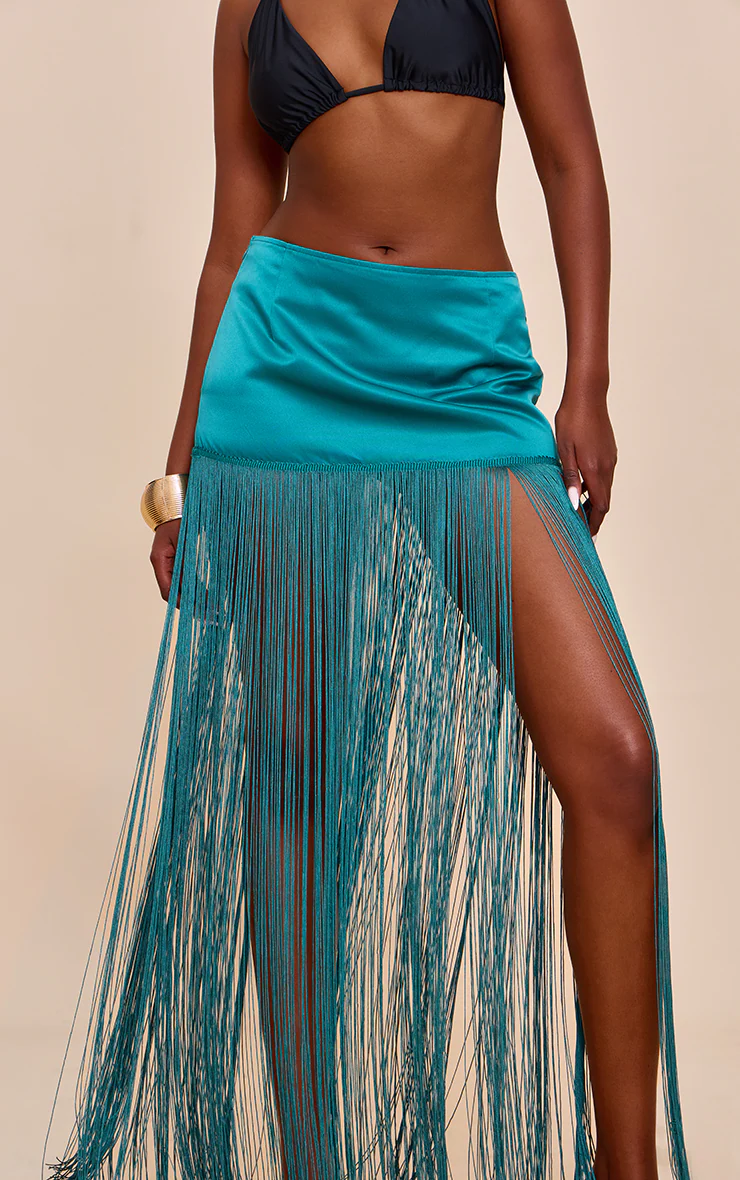 Teal Satin Extreme Tassel Trim Mini Skirt