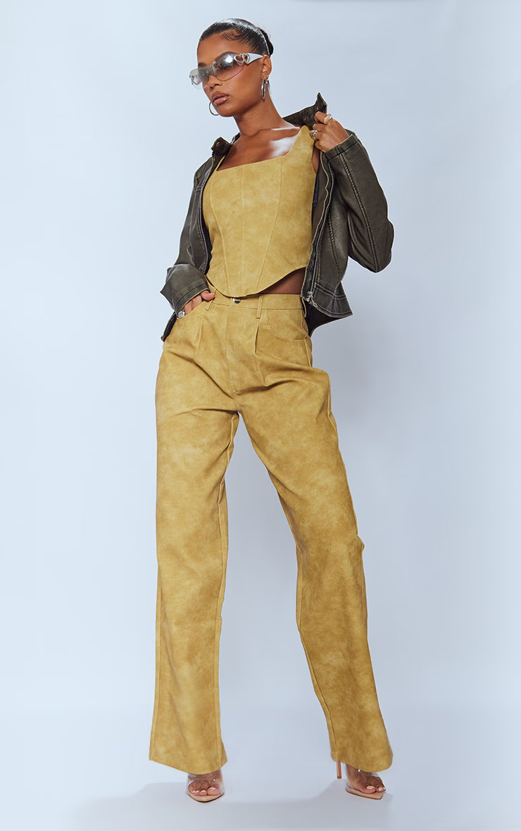 Mustard Washed Faux Leather Dart Pocket Straight Leg Pants