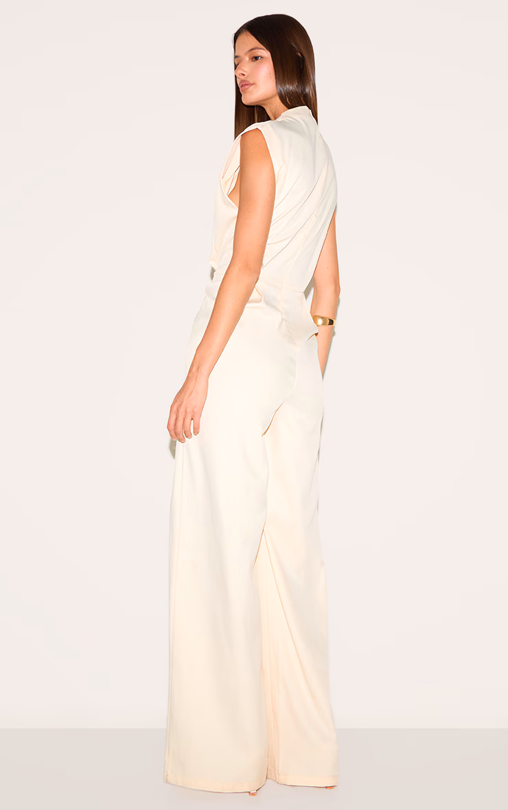Almond Woven Cap Sleeve Wide Leg Jumpsuit