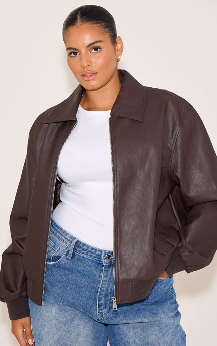 Plus Dark Chocolate Faux Leather Bomber Jacket