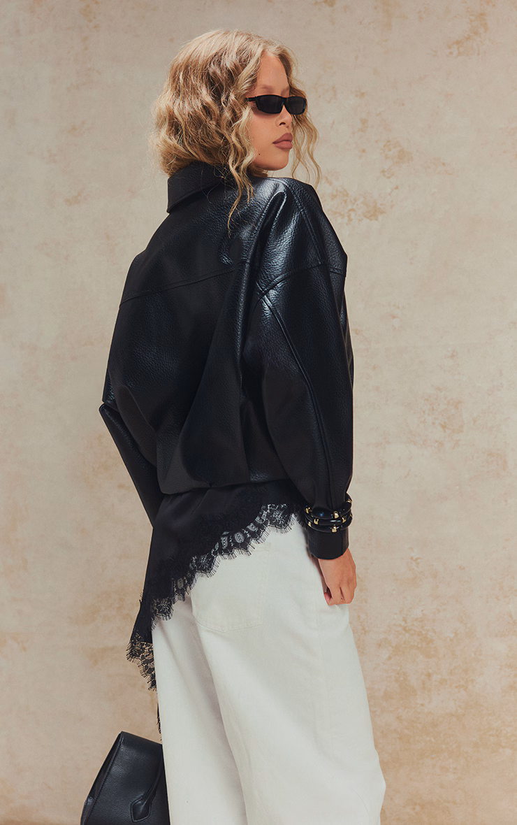 Black Faux Leather Covered Placket Bomber Jacket