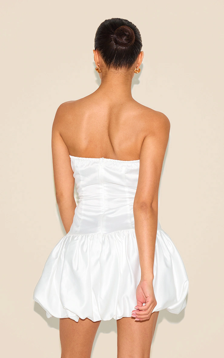 Petite White Satin Corset Puffball Dress