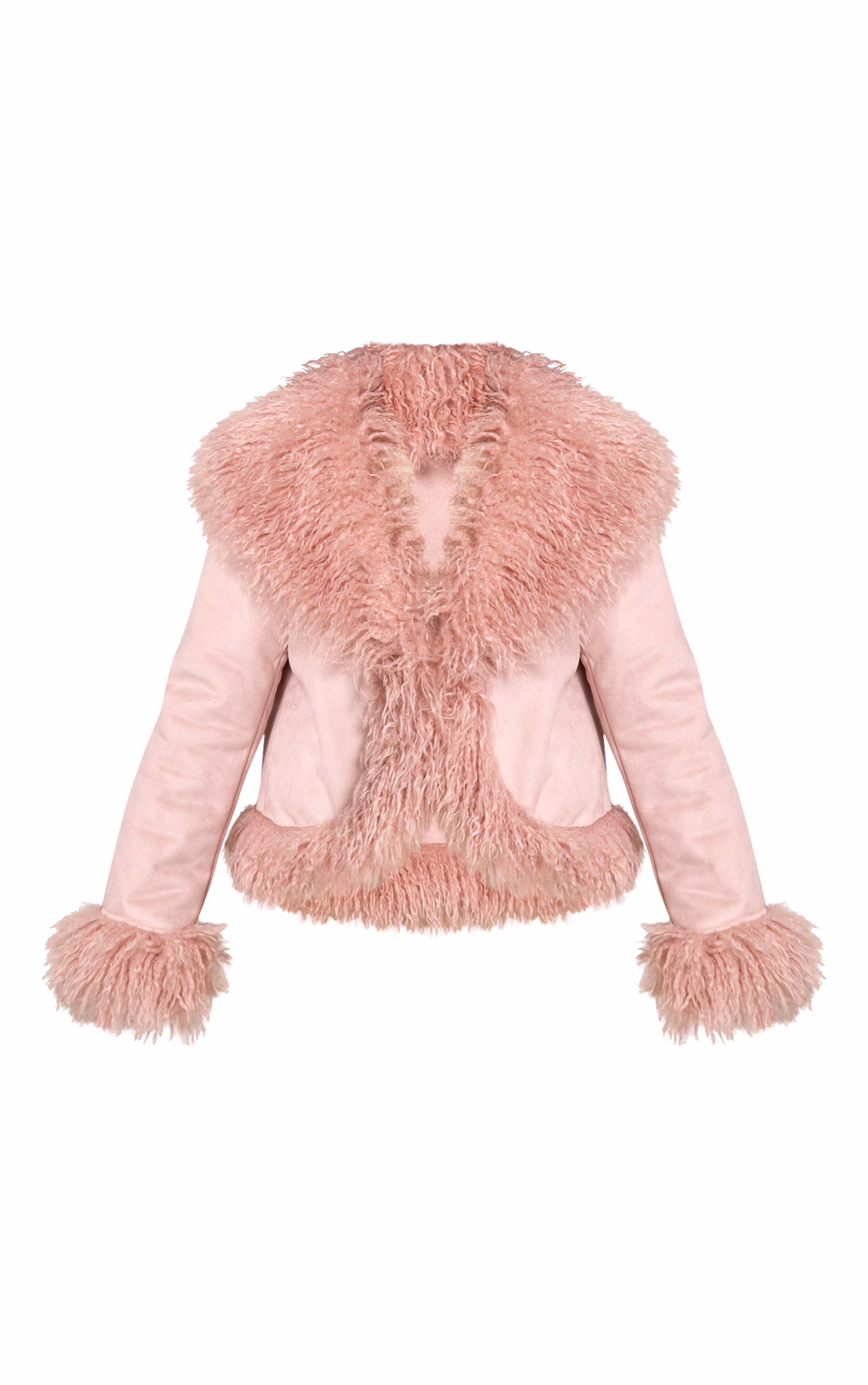 Petite Pink Faux Suede Fur Trim Afghan Coat