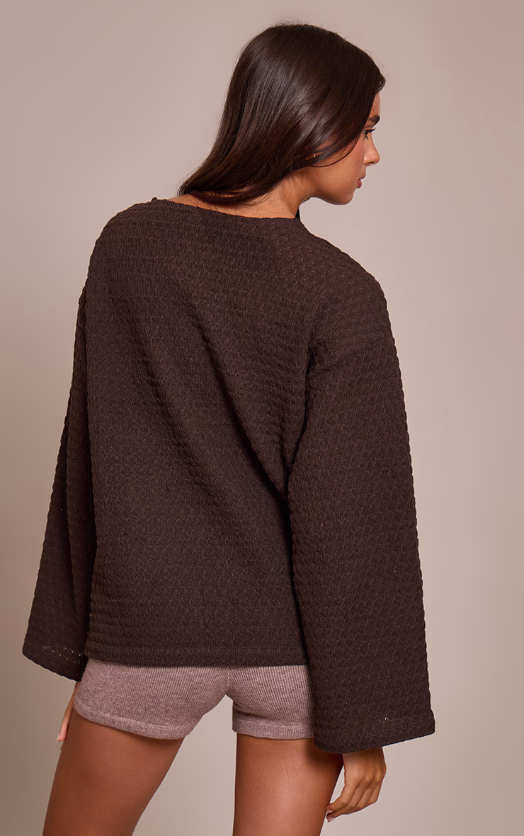Chocolate Textured Trim Detail Oversized Long Sleeve Top