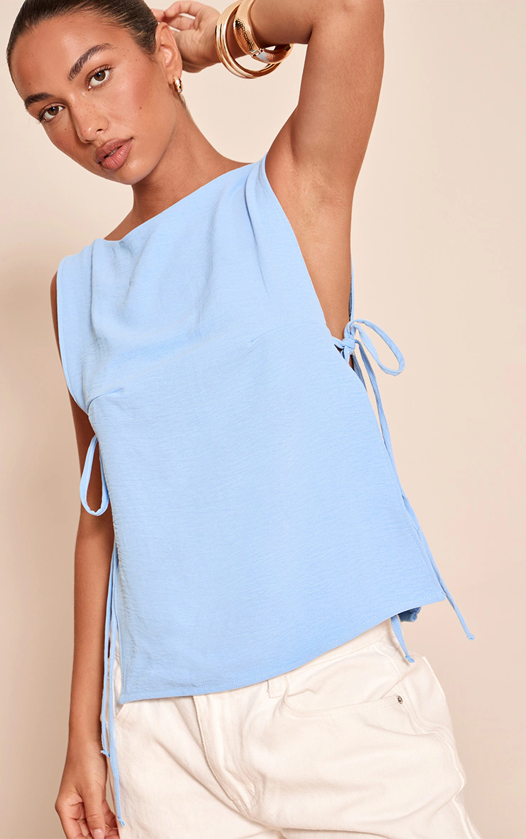 Pale Blue Woven Tie Side Detail Long Top