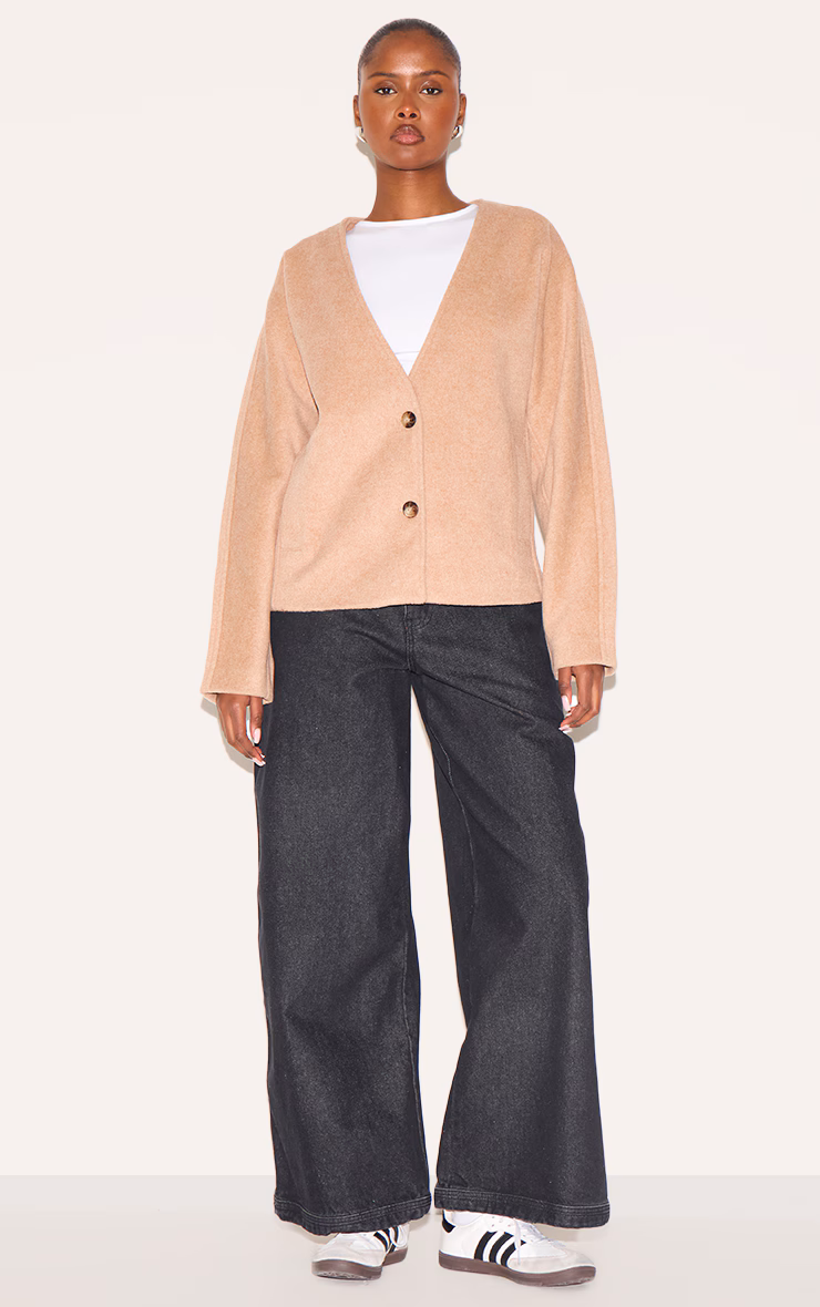 Mocha Wool Look Button Up V Neck Jacket