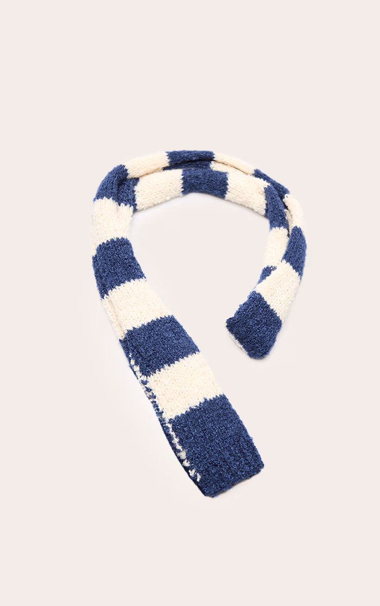 Navy Striped Cream Skinny Knit Scarf