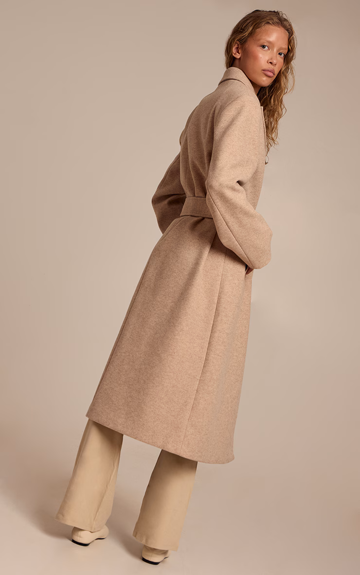Oat Single Breasted Self Tie Wool Look Maxi Coat
