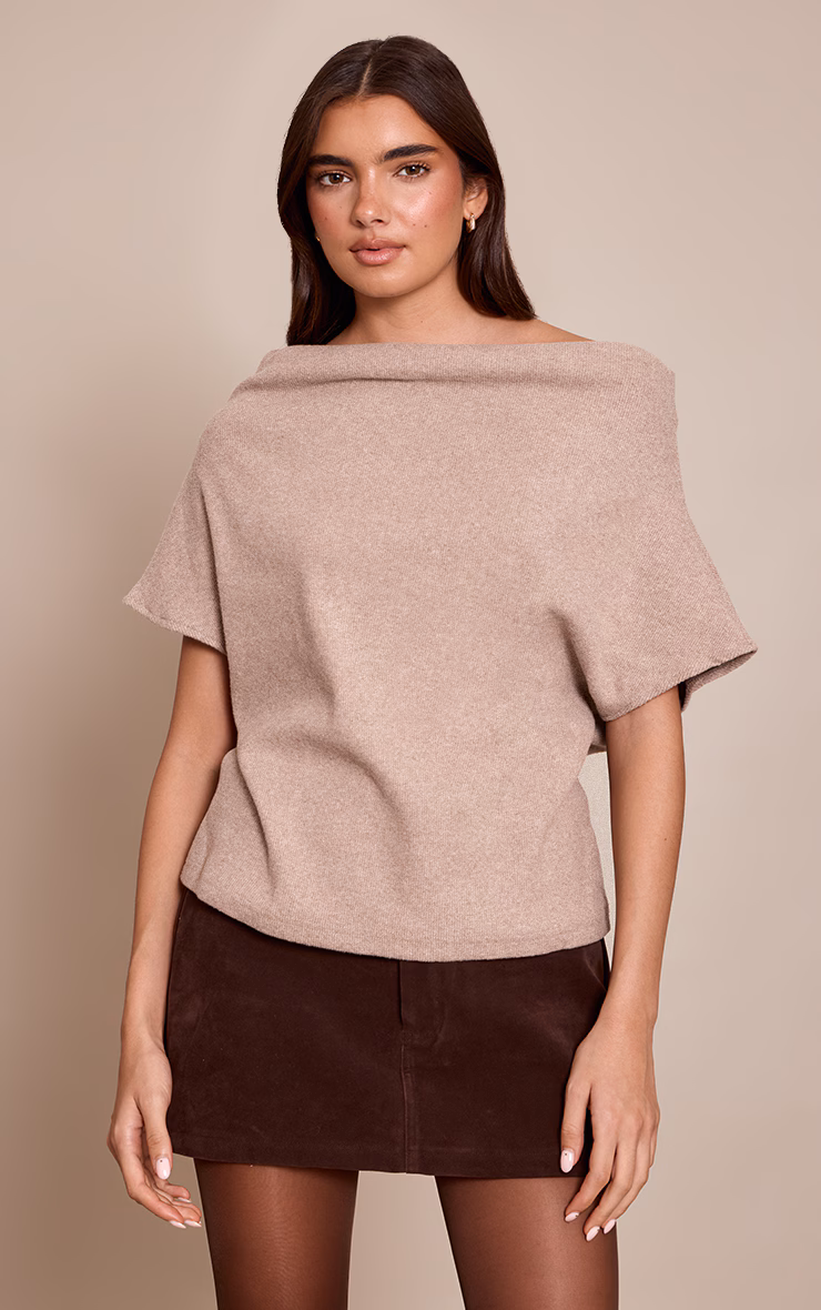 Sand Heavy Brushed Rib One Shoulder Slouchy Top