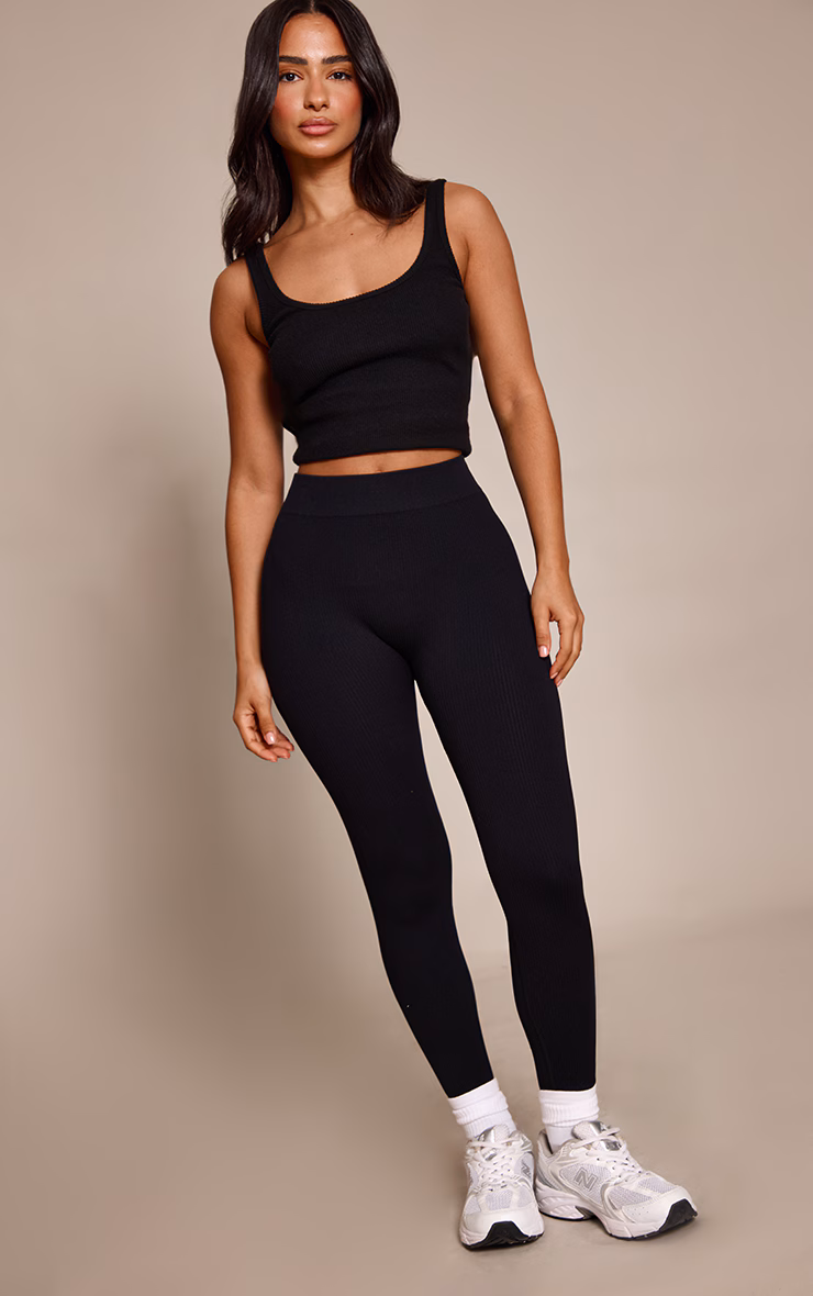 Petite Black Snatched Rib Seamless Leggings
