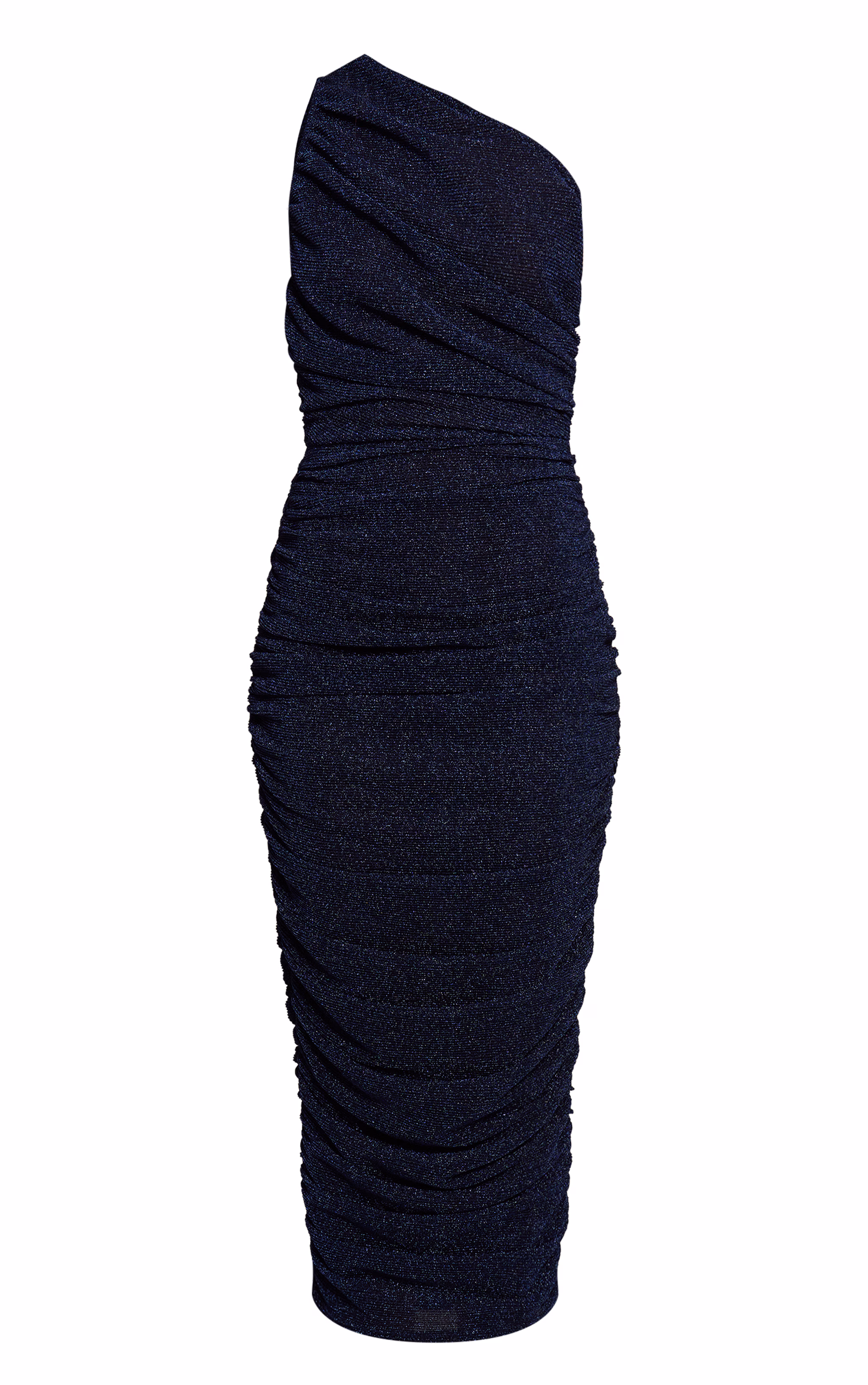Navy Glitter Plisse Ruched One Shoulder Midi Dress