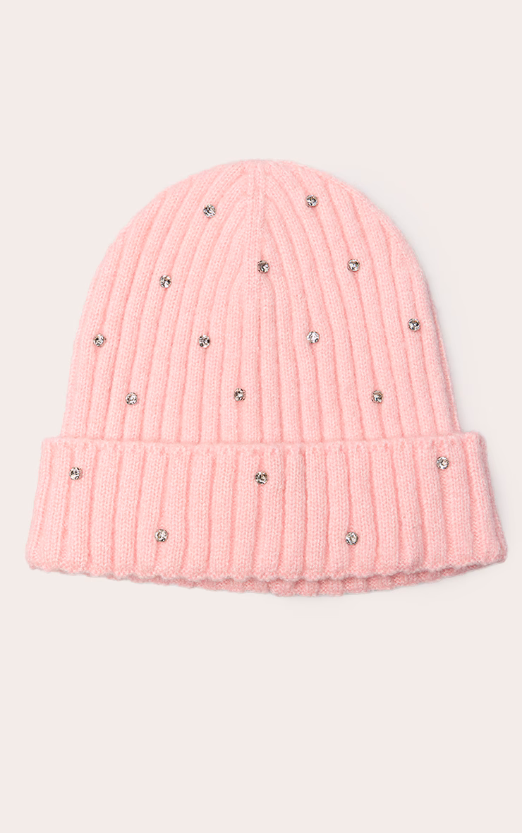 Pink Ribbed Diamante Fold Over Beanie