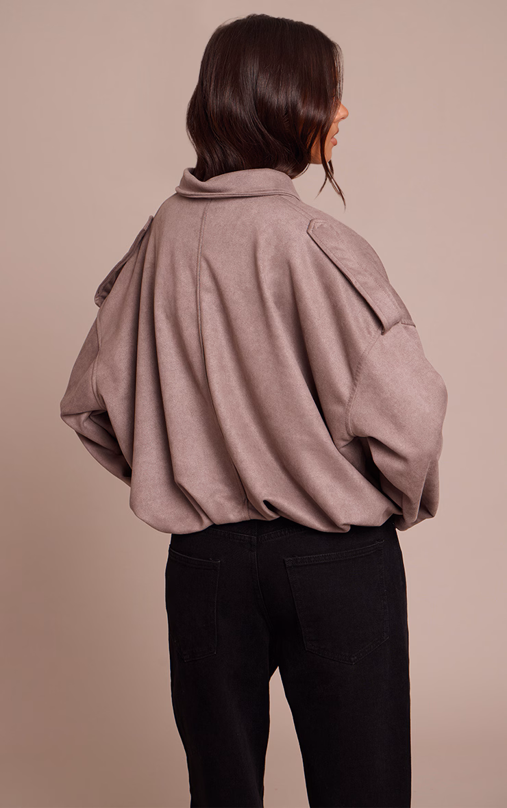 Taupe Zip Through Faux Suede Bomber Jacket