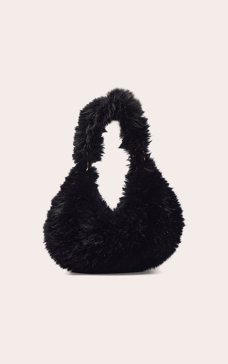 Black Faux Fur Zipped Shoulder Bag
