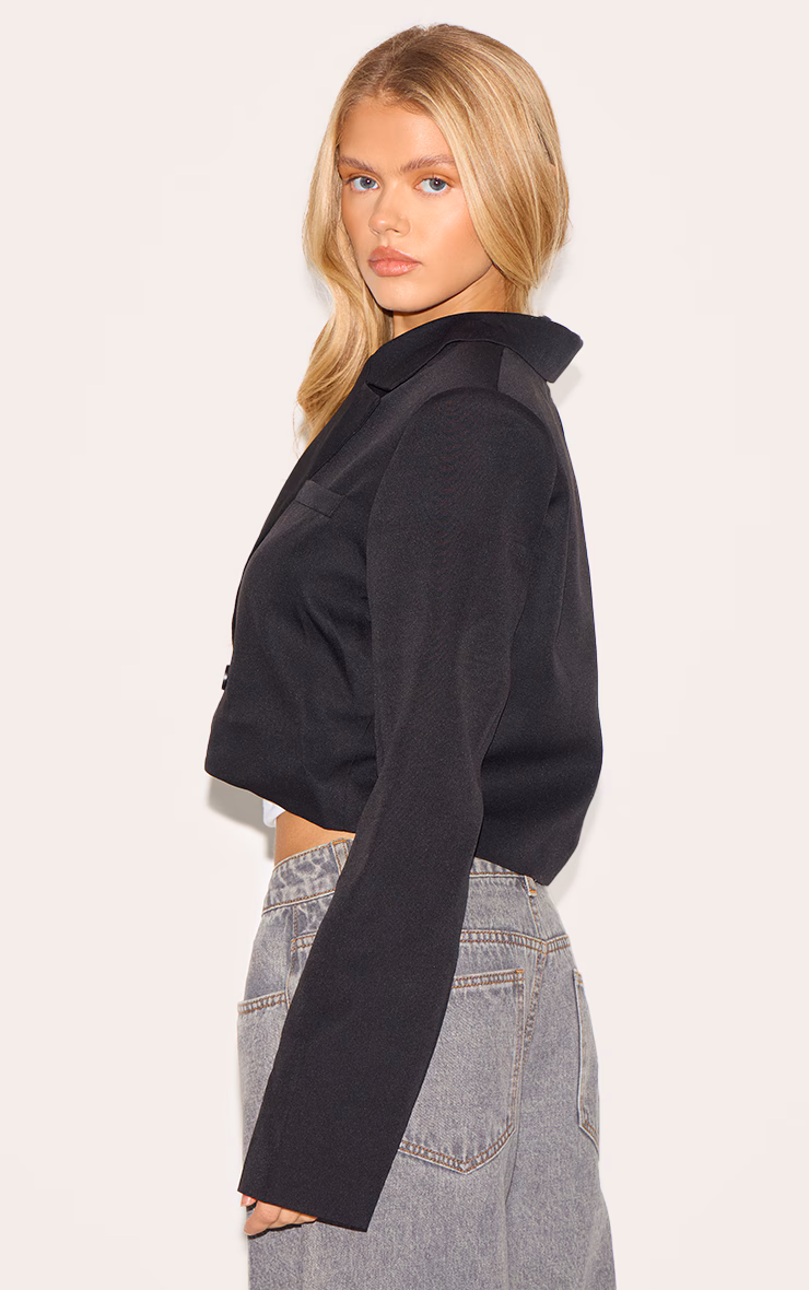 Black Woven Cropped Shoulder Padded Blazer