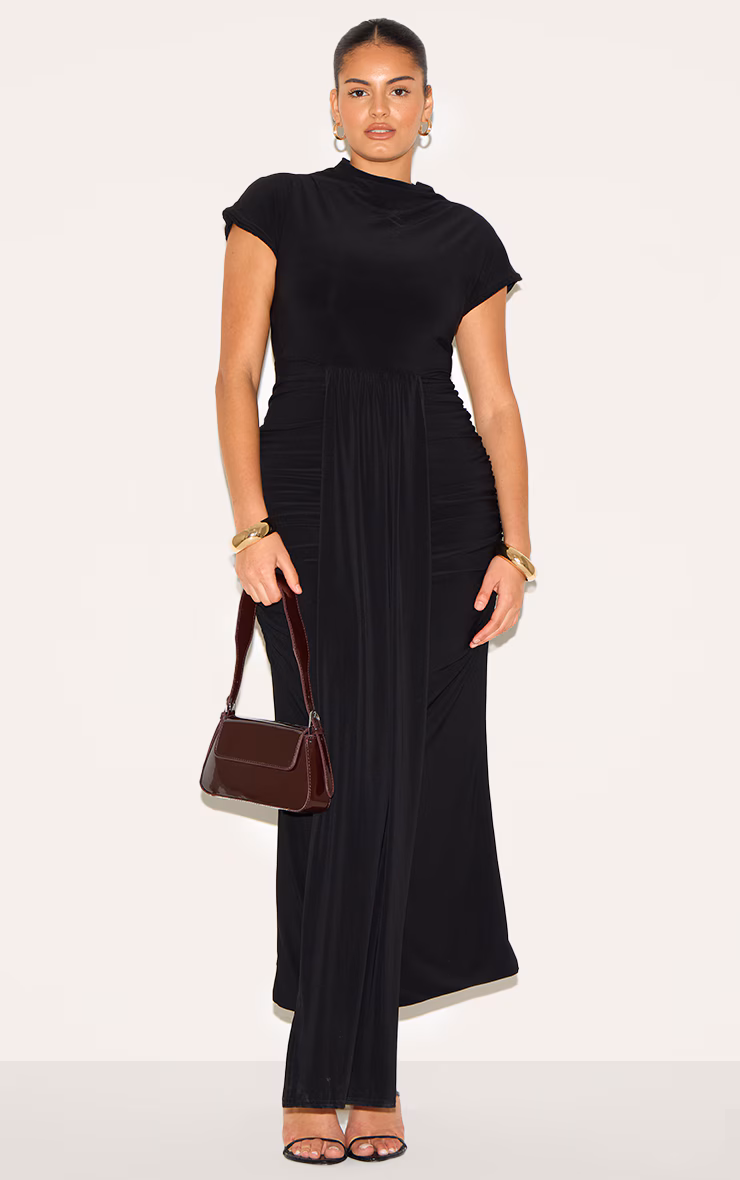 Plus Black High Neck Ruched Shoulder Drape Front Maxi Dress