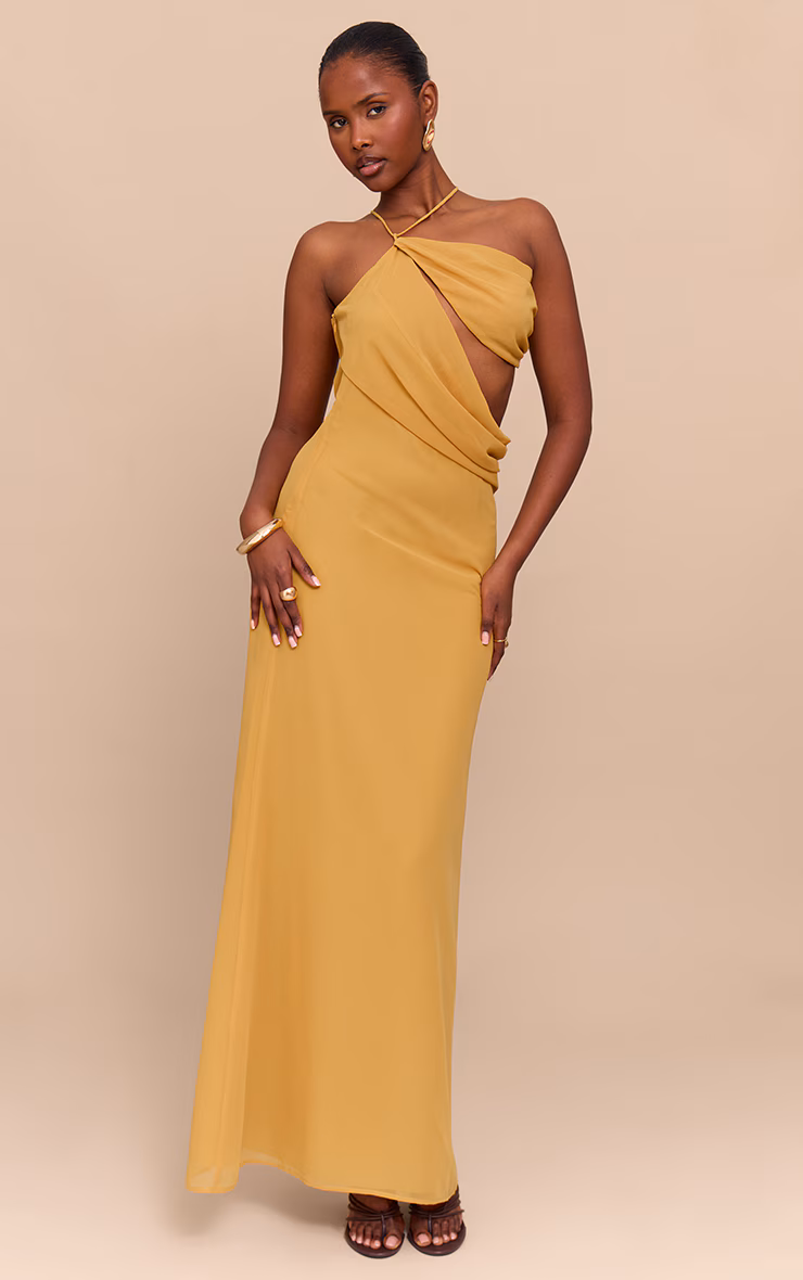Mustard Chiffon Cut Out Draped Maxi Dress