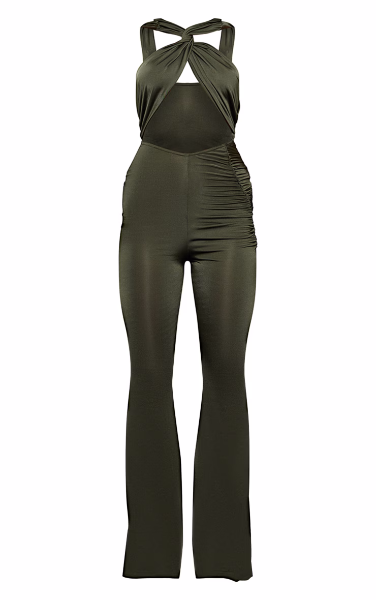 Moss Khaki Cross Strap Ruched Detail Flared Slinky Jumpsuit