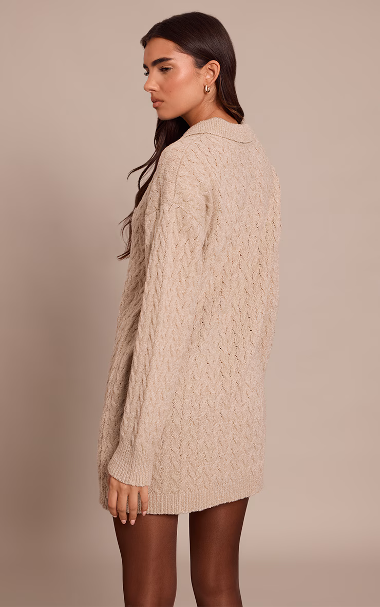 Oat Boucle Cable Knit Mini Shirt Dress