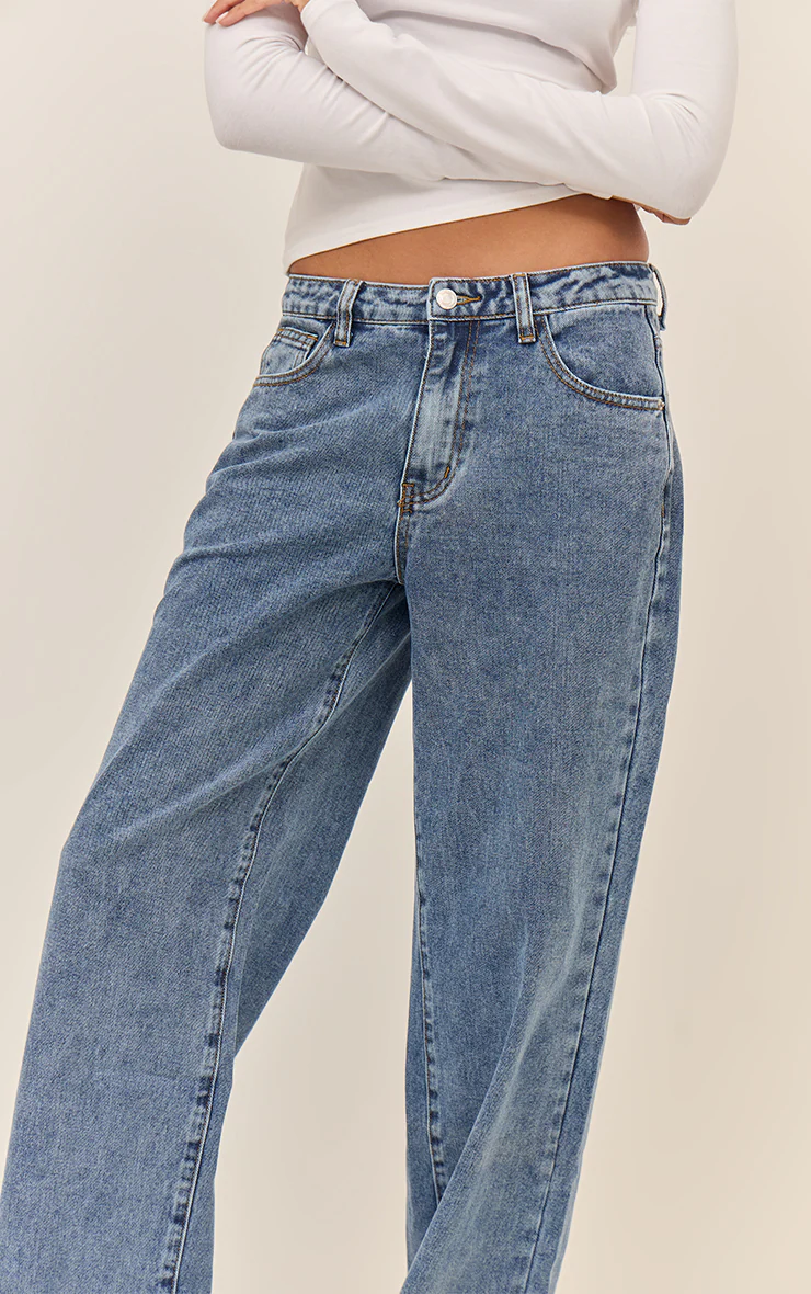 Mid Blue Wash Mid Rise Straight Leg Jeans