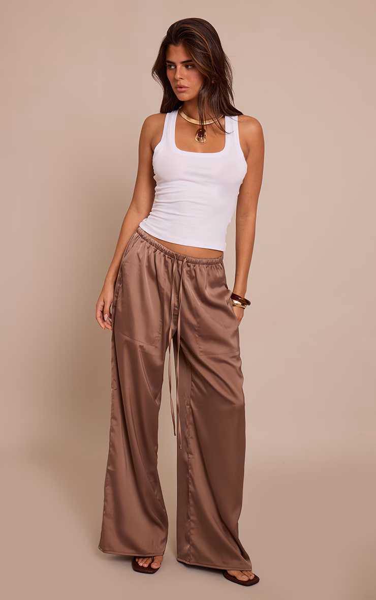 Mushroom Satin Low Rise Wide Leg Drawstring Pants