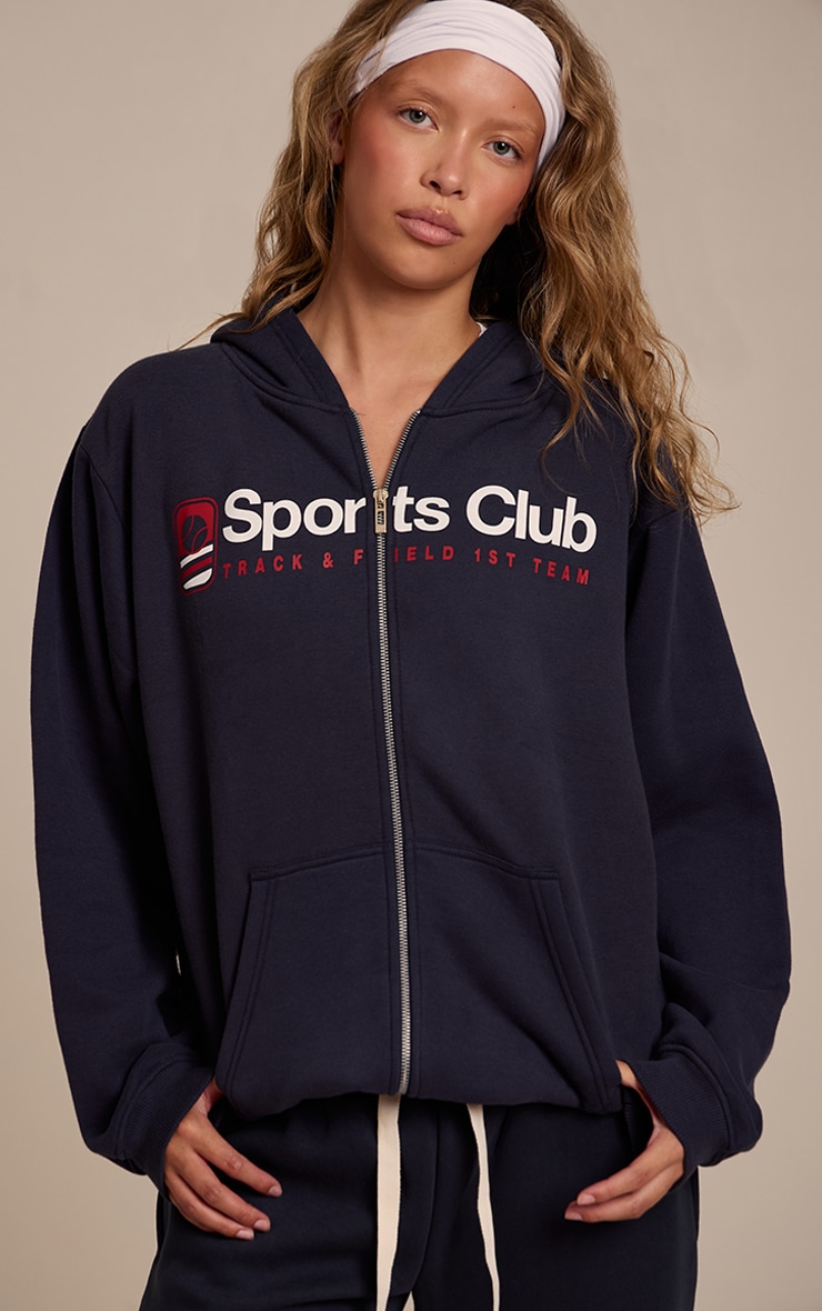 Navy Sports Club Print Zip Up Jacket