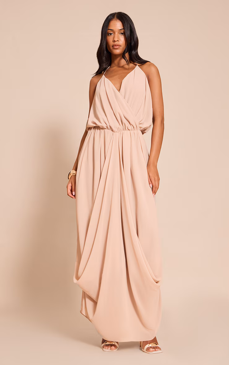 Tall Beige Chiffon Drape V Neck Shift Maxi Dress
