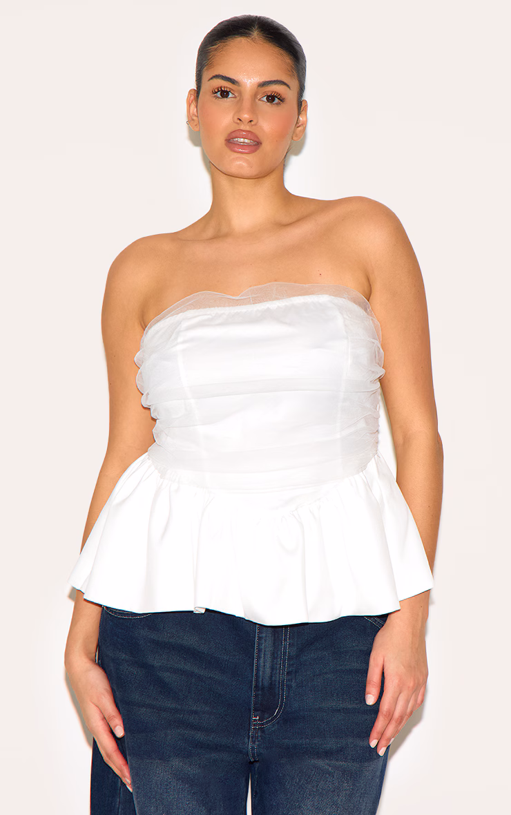 Plus White Mesh Overlay Peplum Corset