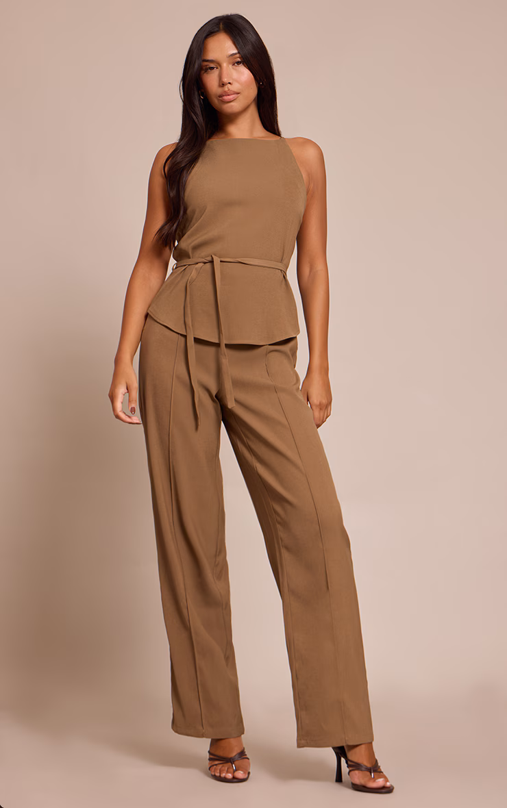 Light Taupe Woven Belt Tied Straight Leg Jumpsuit