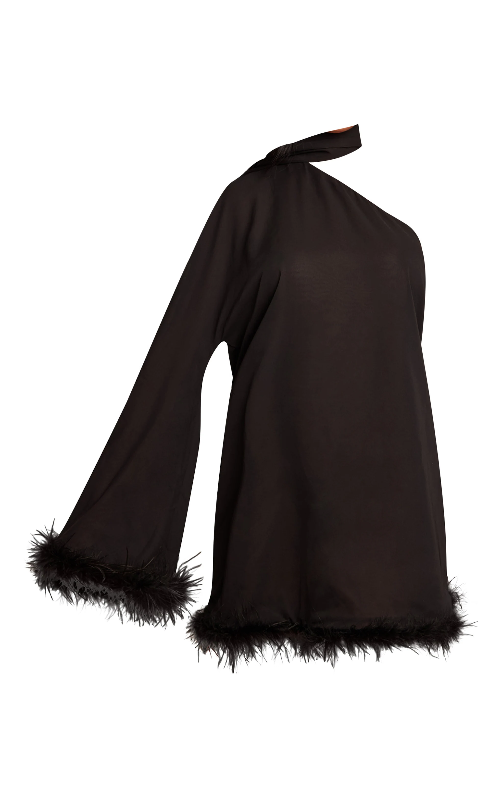 Black Chiffon One Shoulder Feather Detail Shift Dress