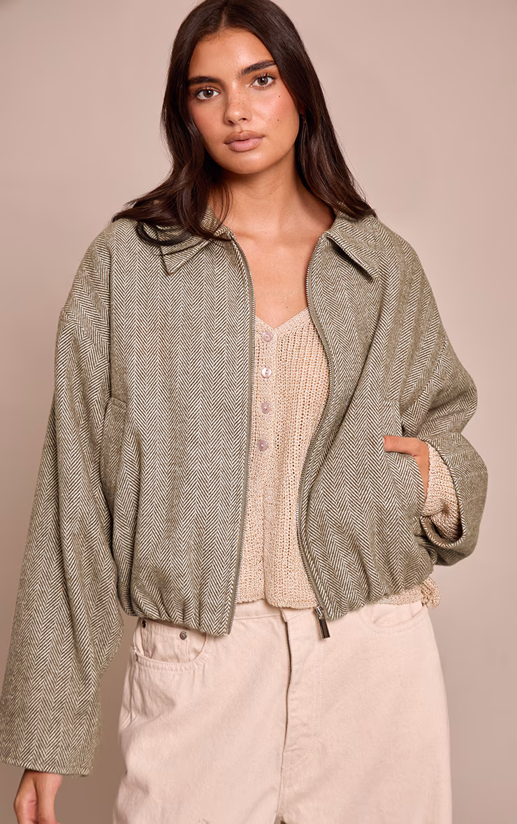 Olive Herringbone Bomber Jacket