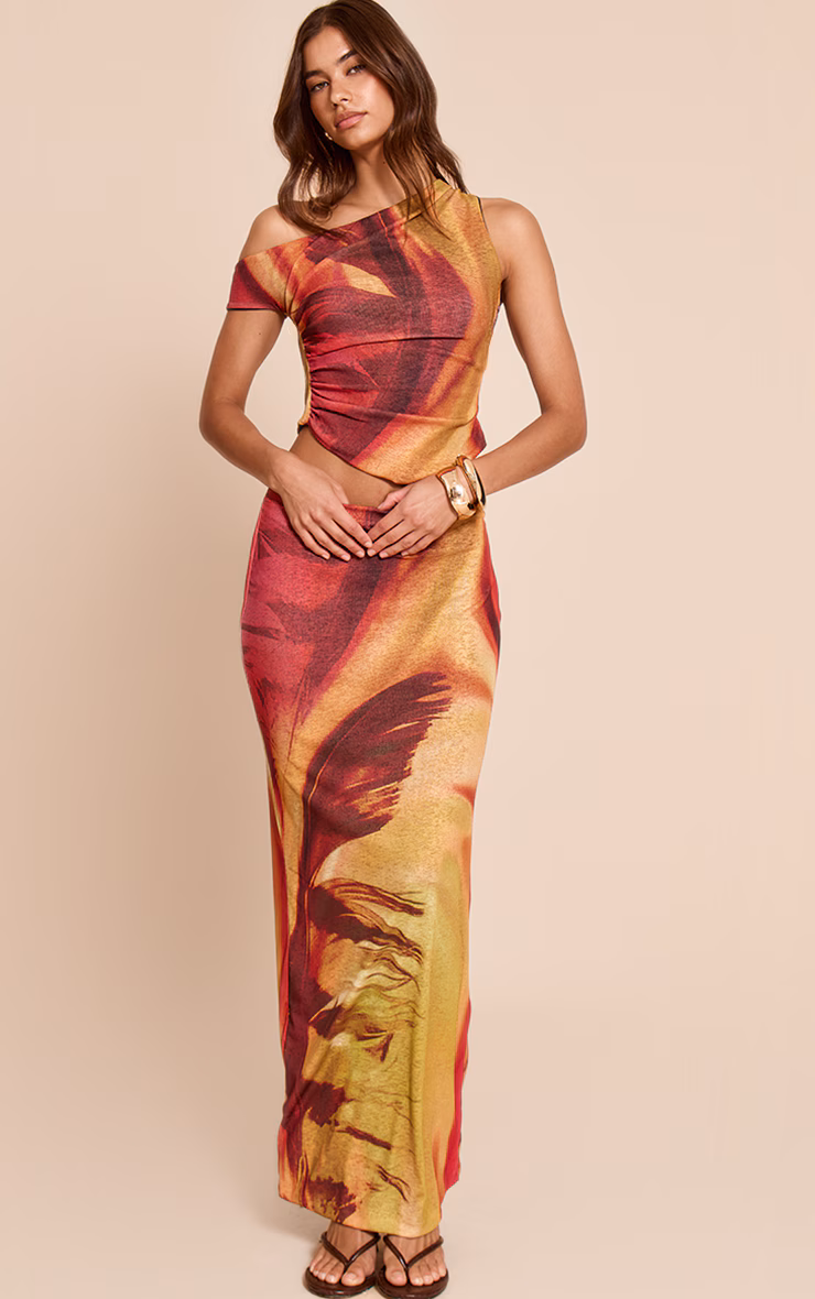 Multi Feather Print Onion Skin Low Rise Maxi Skirt