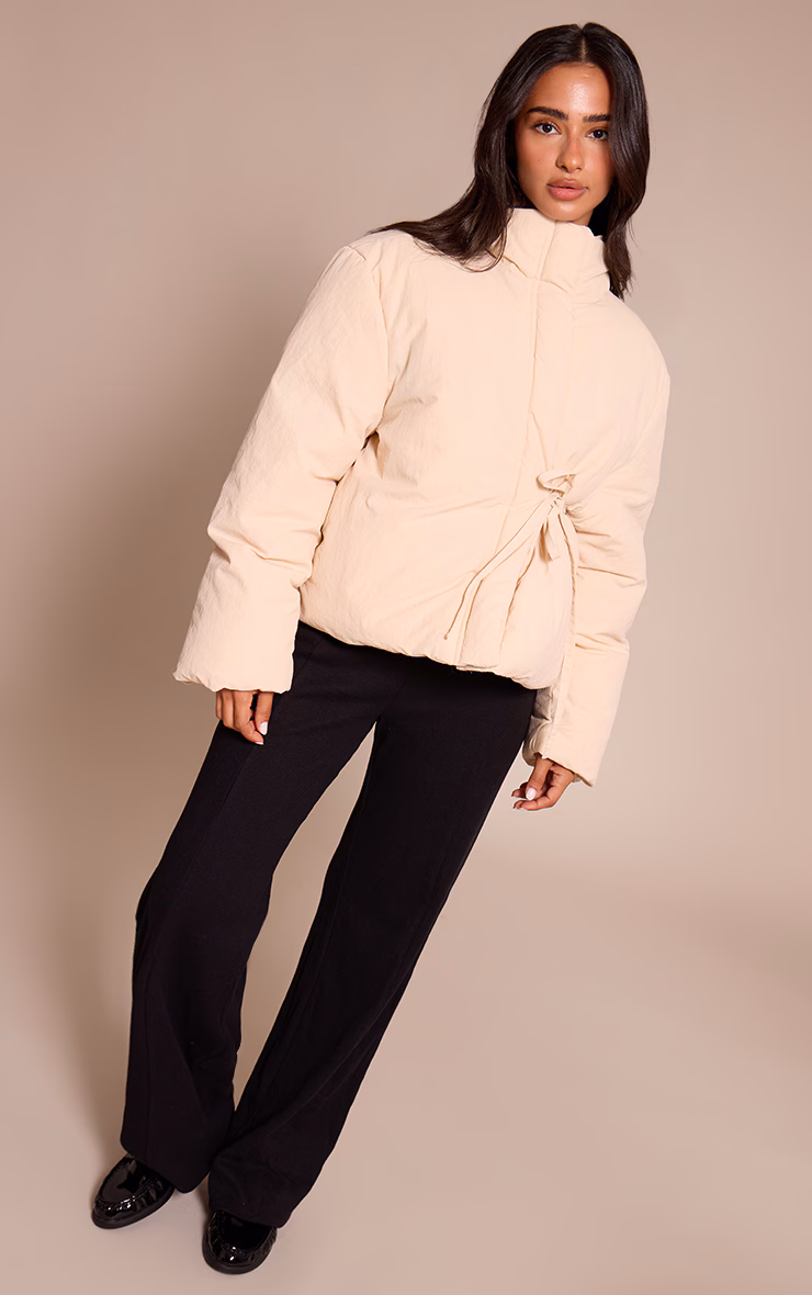 Petite Cream High Neck Tie Waist Quilted Jacket
