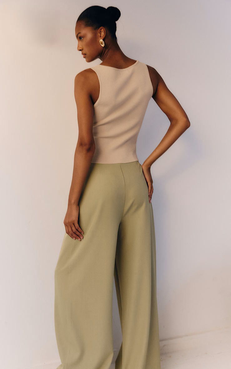 Sage Green Tailored Woven Pleat Detail Wide Leg Pants