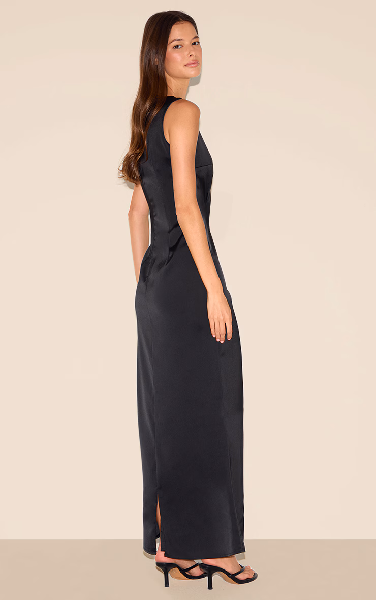 Black Bridesmaid Satin Boat Neck Maxi Dress