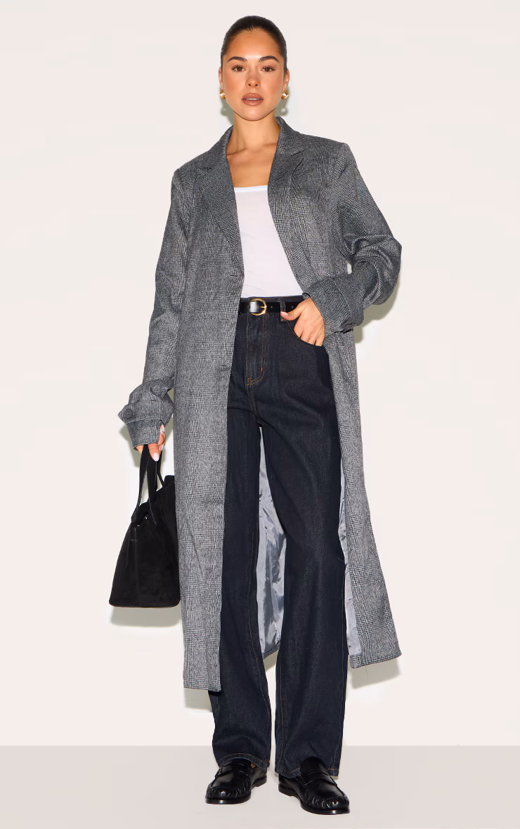 Grey Check Print Oversized Trench Coat