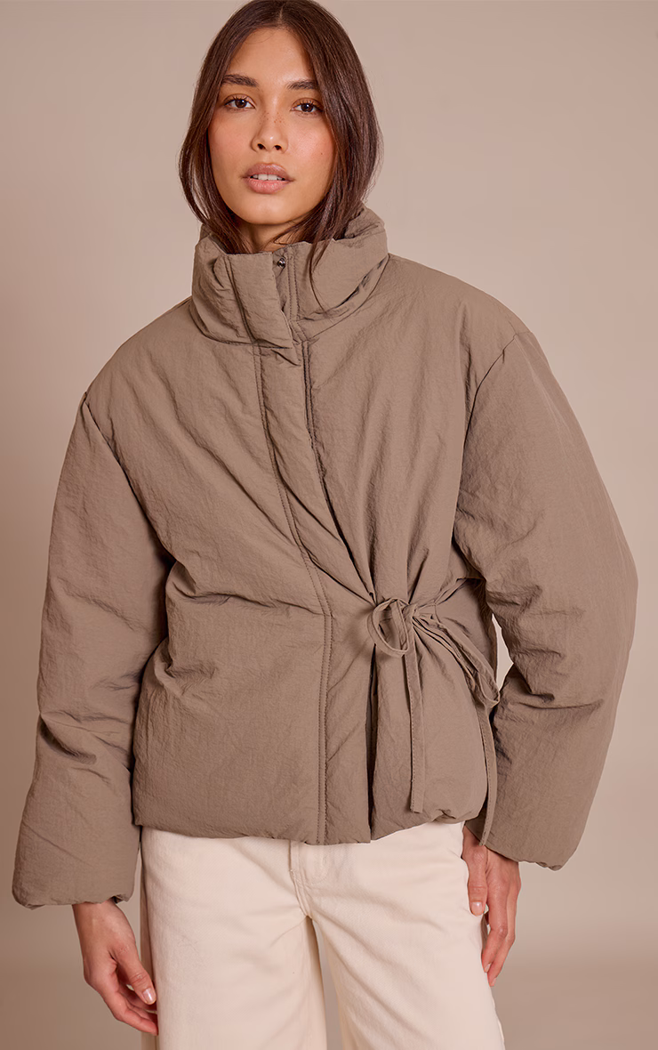 Washed Khaki High Neck Tie Waist Quilted Puffer Jacket