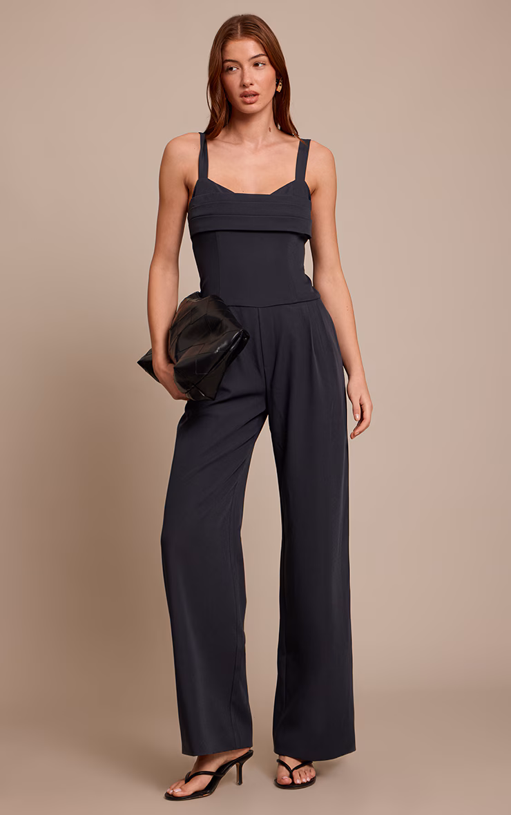 Midnight Blue Tailored Panel Detail Wide Leg Jumpsuit