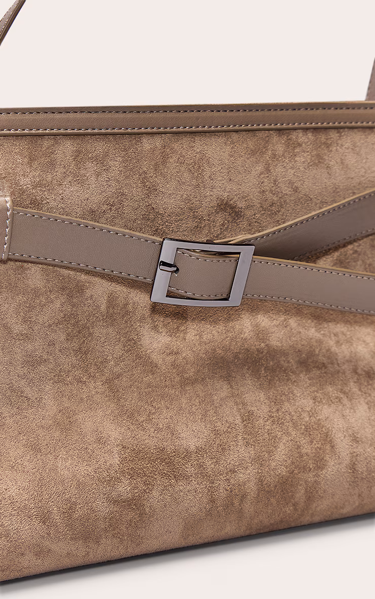 Mushroom Faux Suede Buckle Detail Handbag