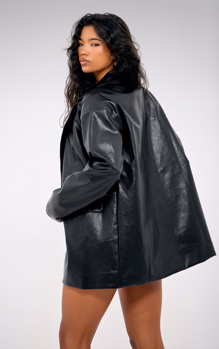 Black Faux Leather Oversized Long Blazer