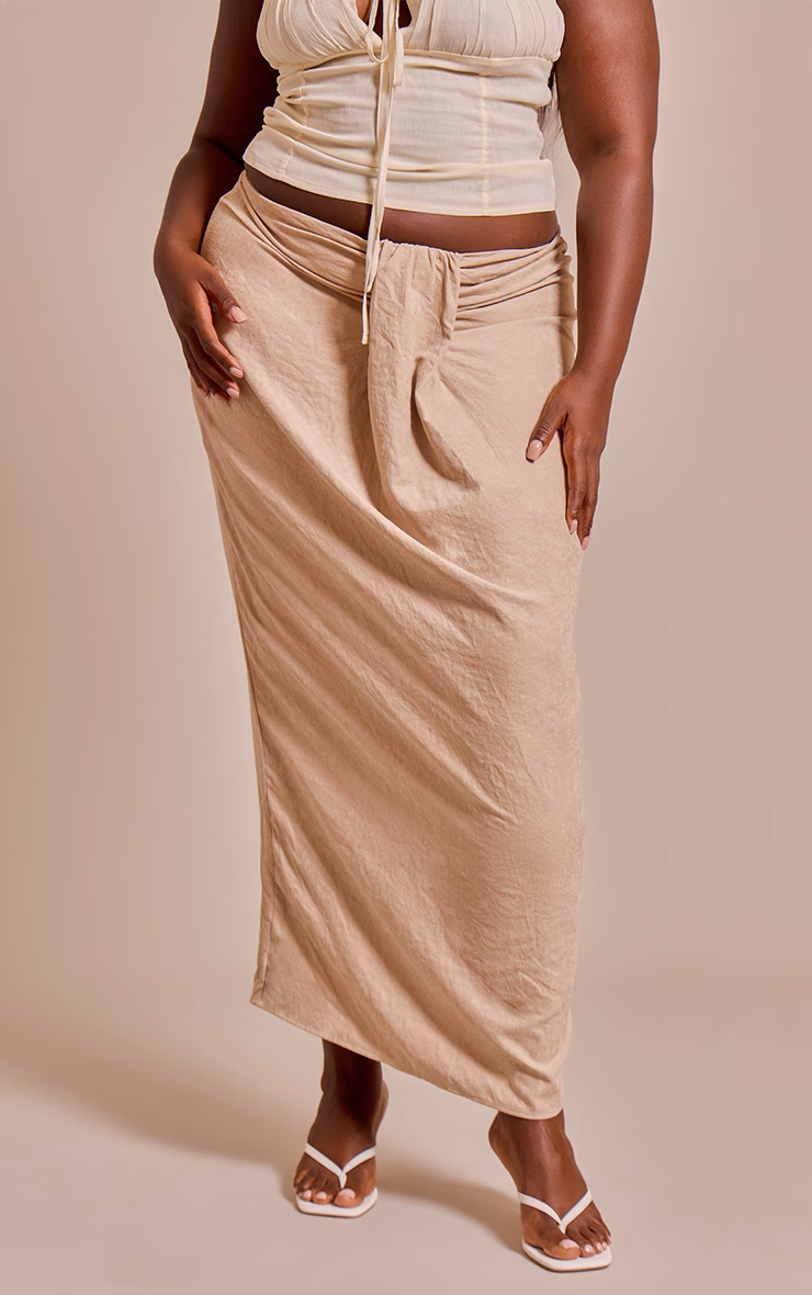 Plus Beige Peachskin Drape Front Maxi Skirt
