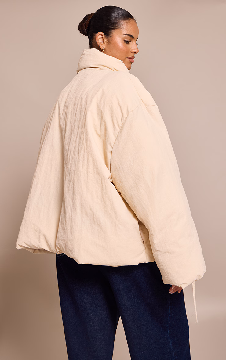 Plus Cream High Neck Tie Waist Quilted Jacket